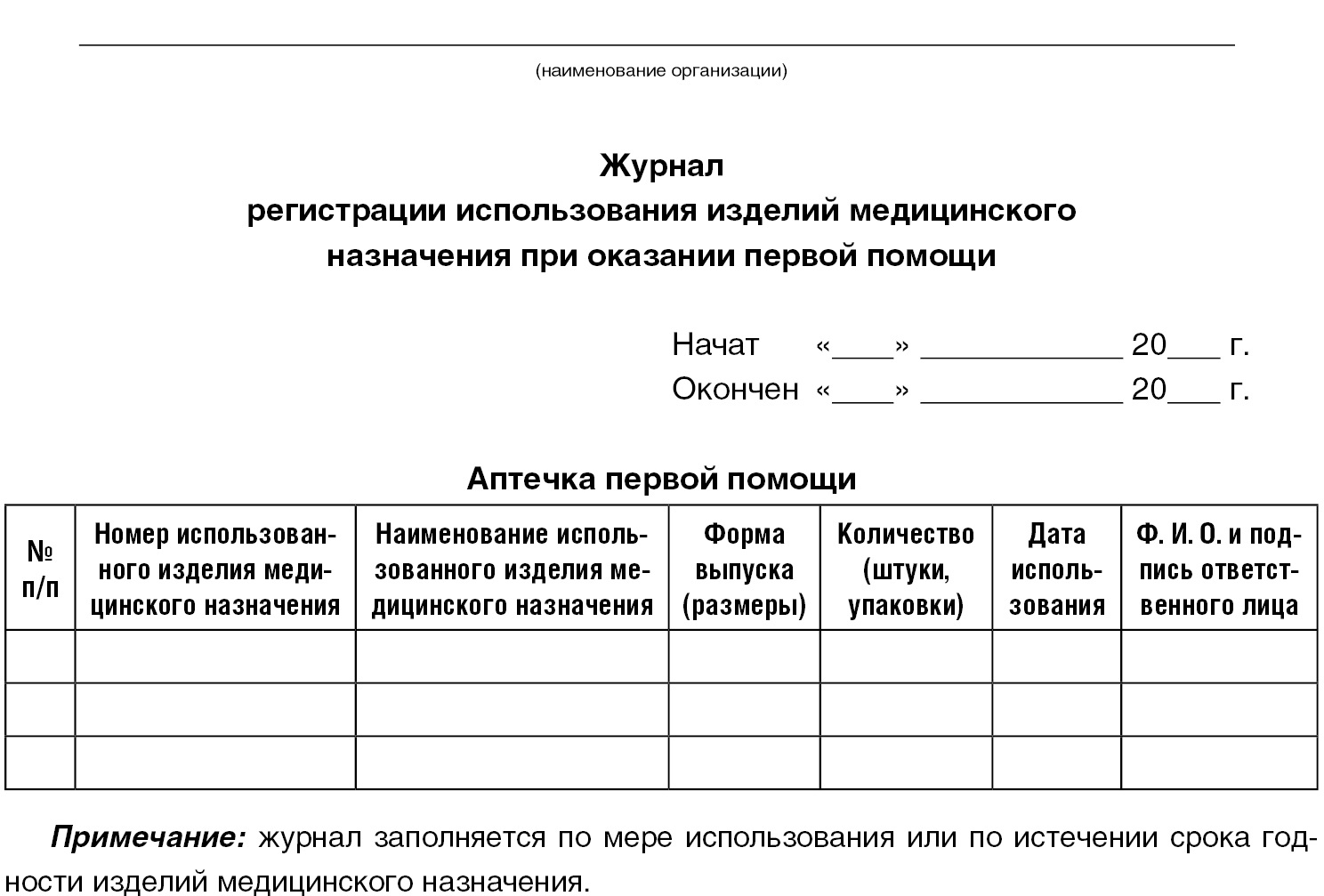 Журнал использования аптечки первой помощи образец